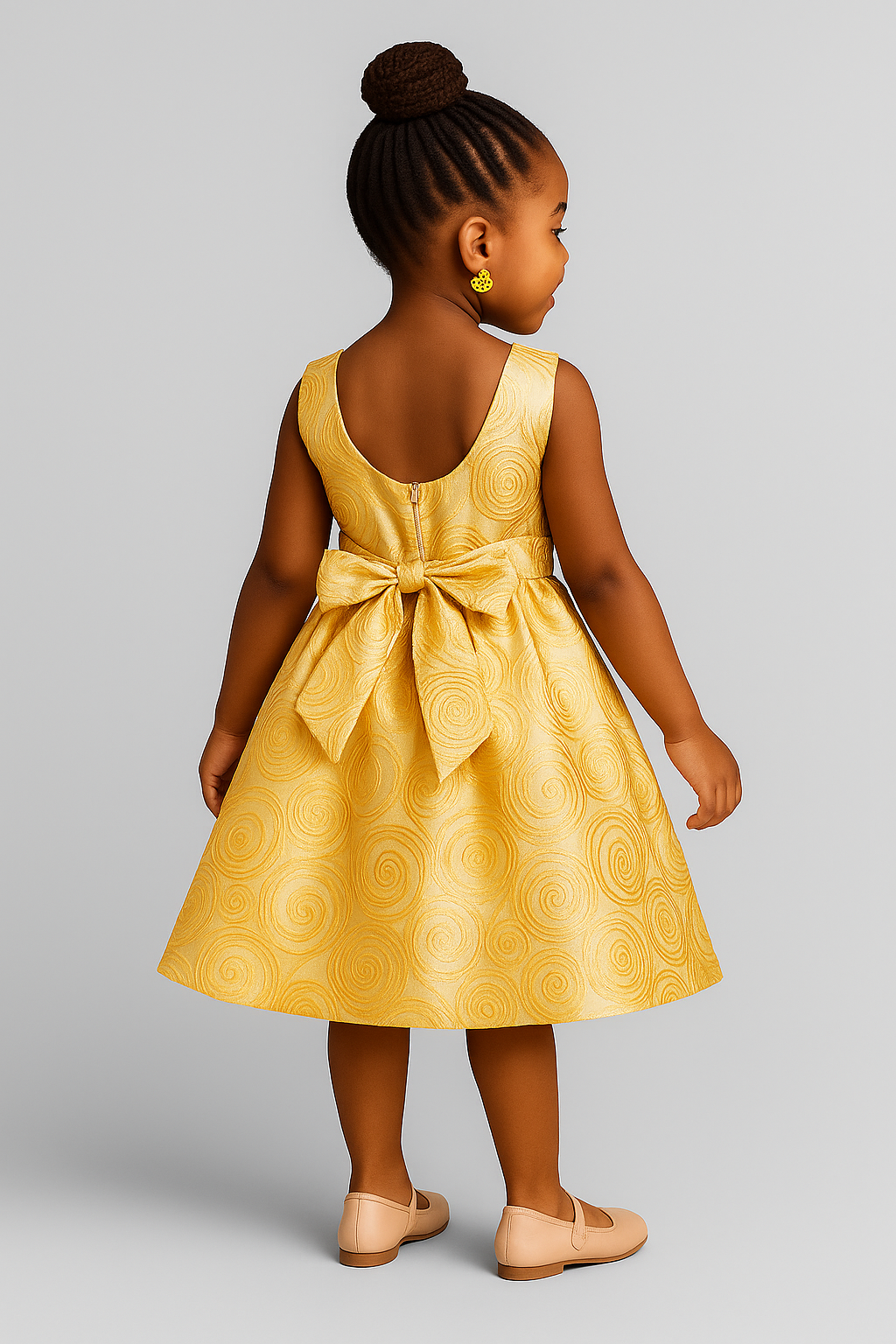 Girls’ Elegant Gold Swirl Party Dress with Bow