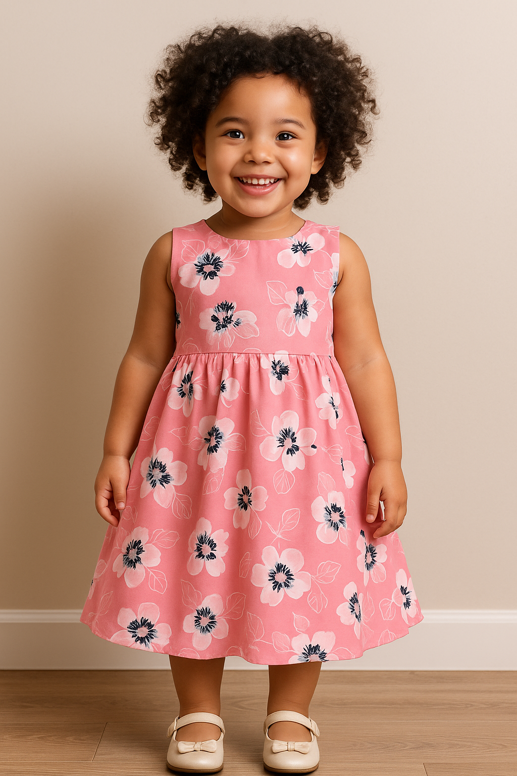 Pink Floral Party Dress with Black Bow – Toddler Girls