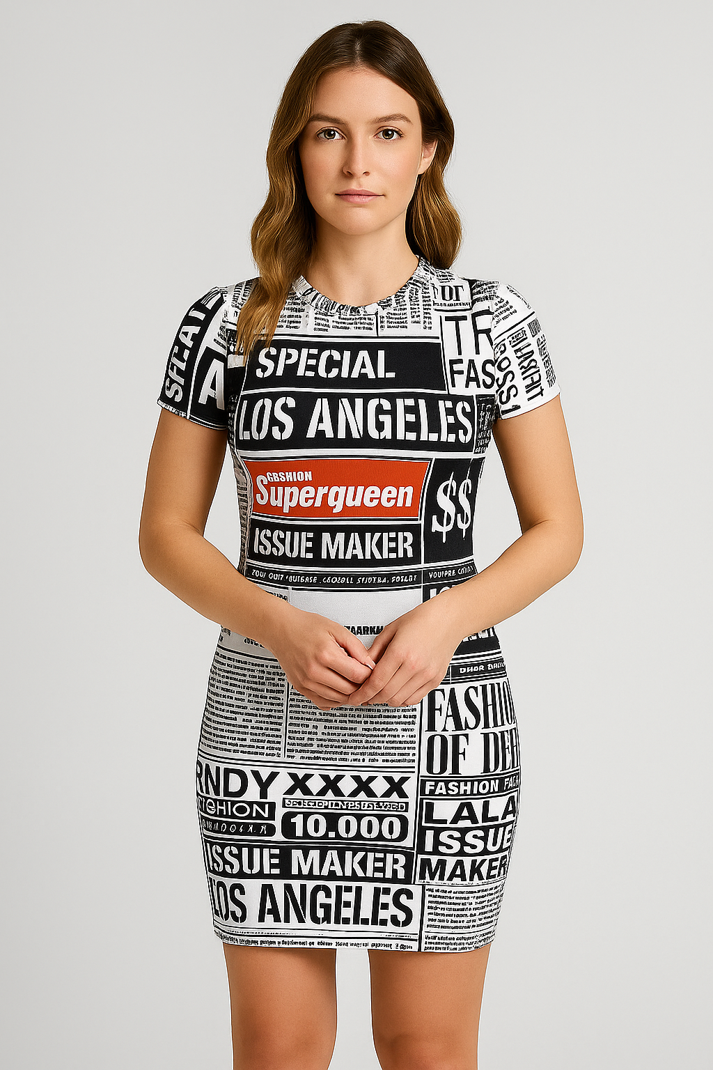 "Super Queen Los Angeles Newspaper Print Bodycon Dress – Black & White"