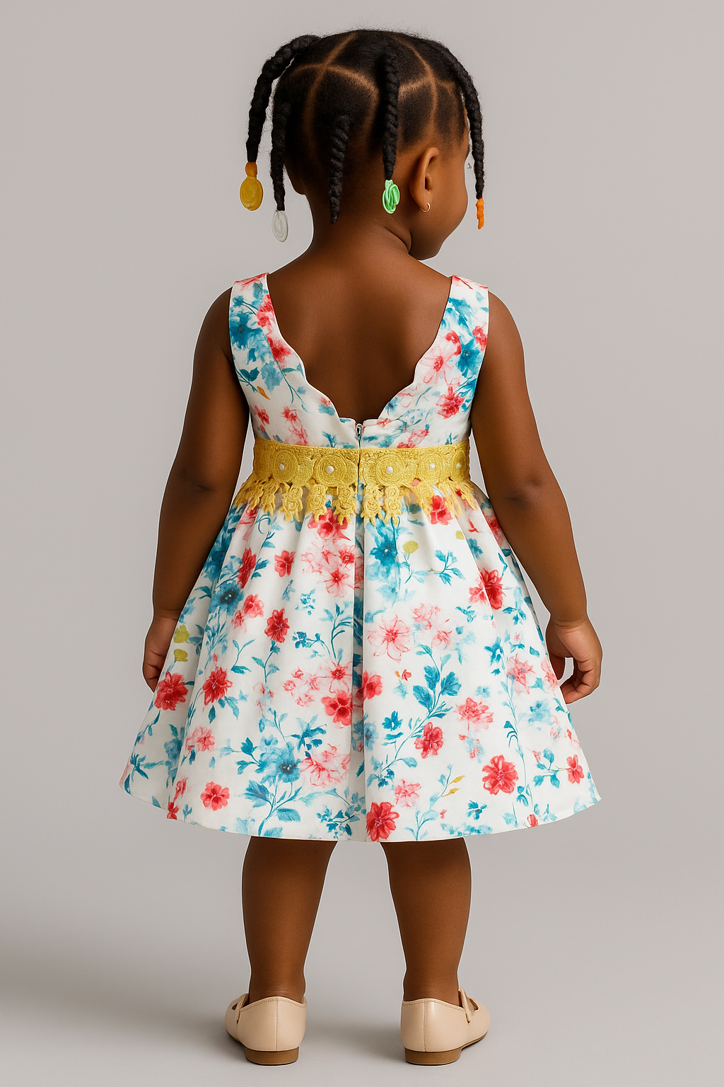 Floral Sleeveless Dress with Yellow Lace Belt