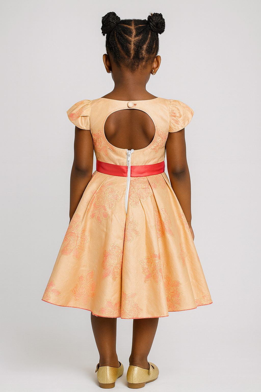 Peach Floral Dress with Red Bow for Girls – Elegant Party Wear