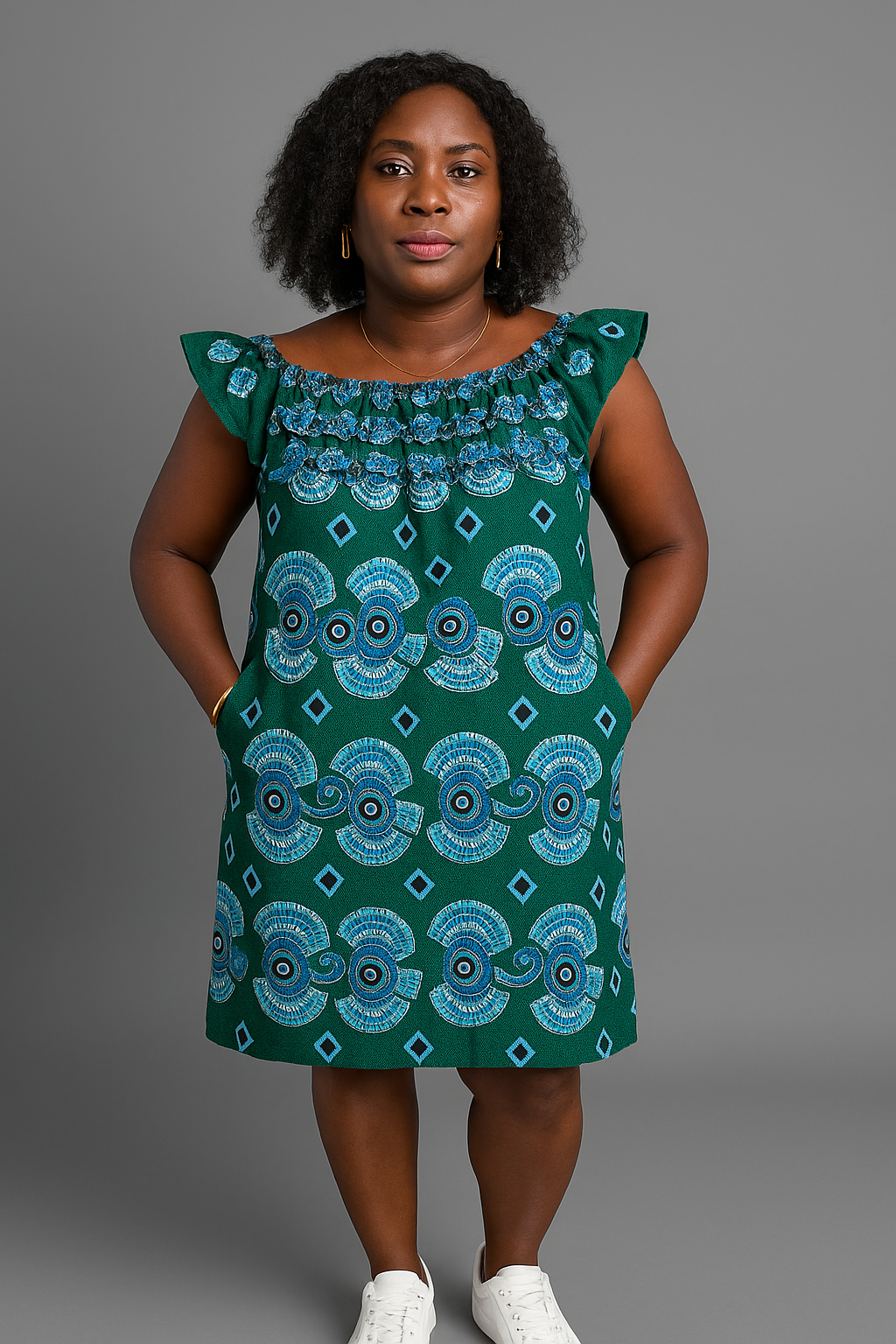 Elegant Green Ankara Off-Shoulder Dress with Ruffle Detail