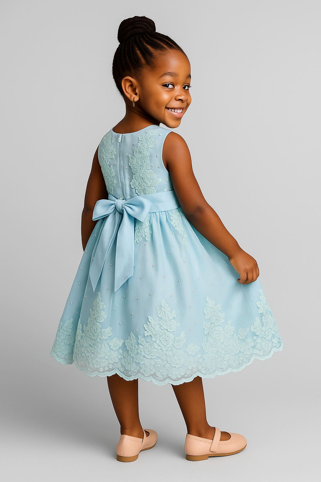 Royal Blue Lace & Pearl Party Dress for Girls – Back Bow Detail