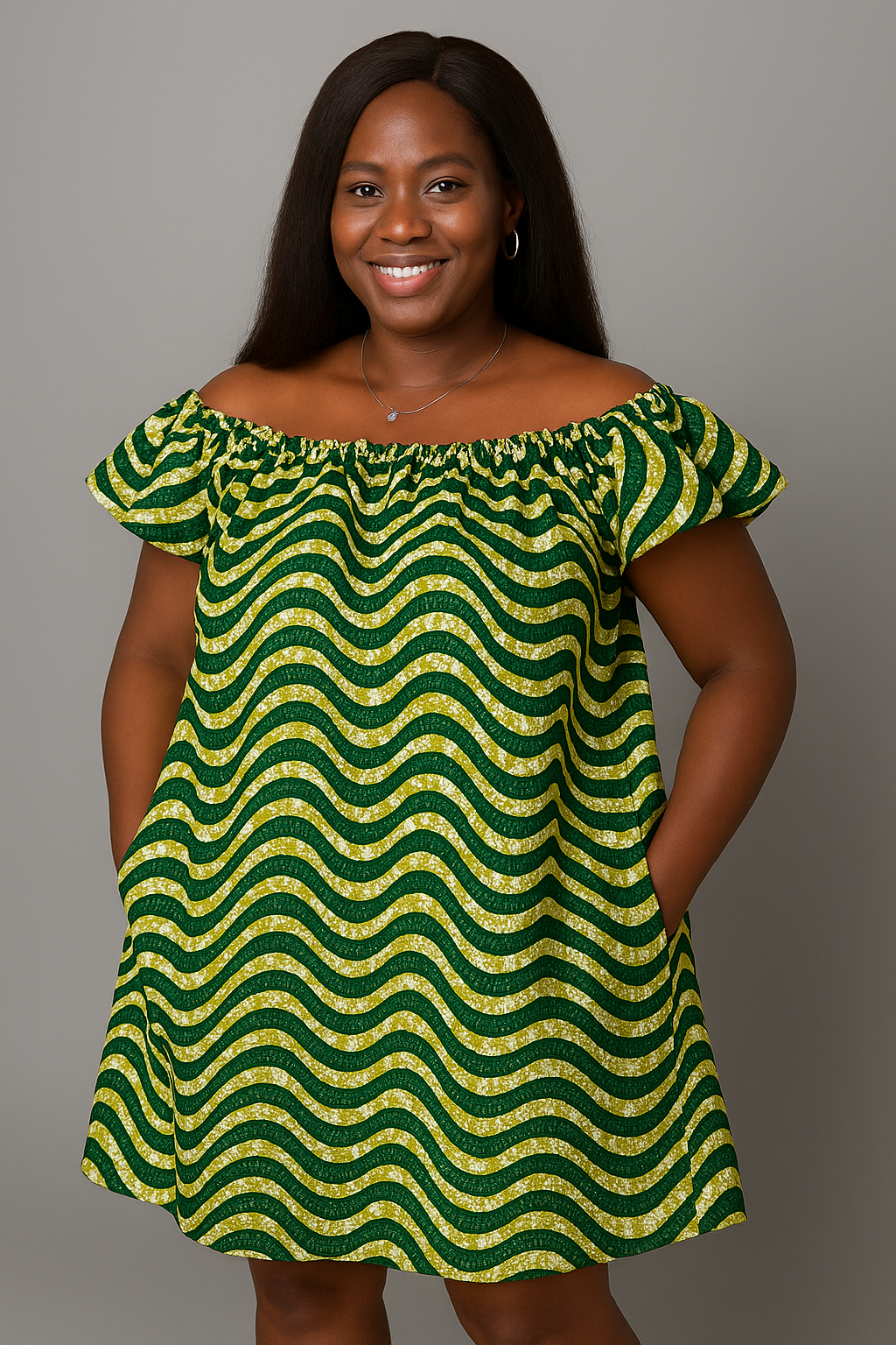 Green & Gold Wave Ankara Off-Shoulder Dress – Adult Size
