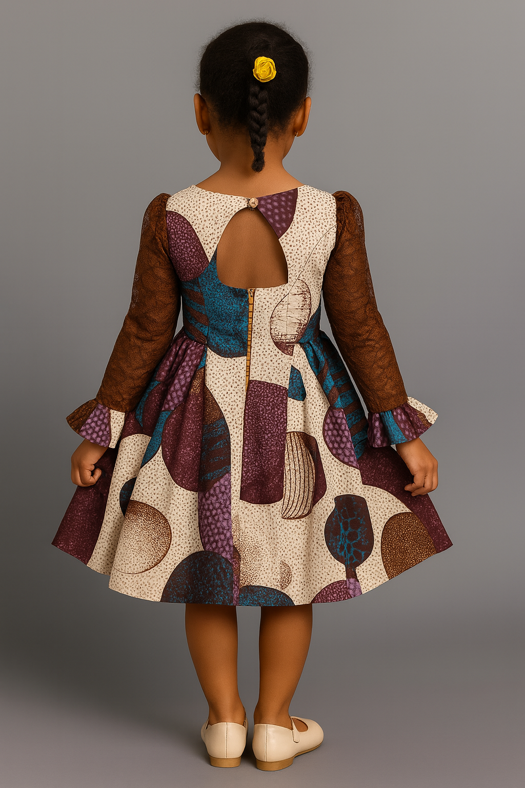 Girls' Ankara Patchwork Dress with Lace Sleeves – Open Back & Button