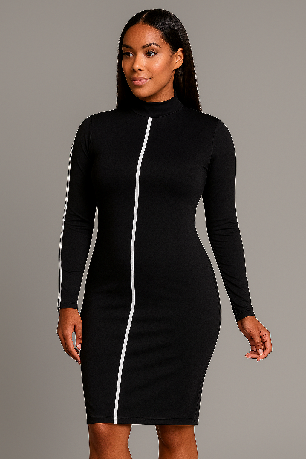 Long Sleeve Bodycon Dress with White Trim Detail