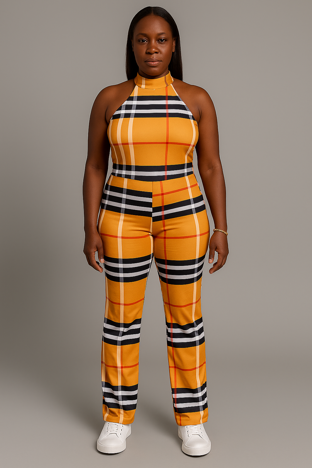 Plaid Halter Neck Two-Piece Set – Mustard & Black