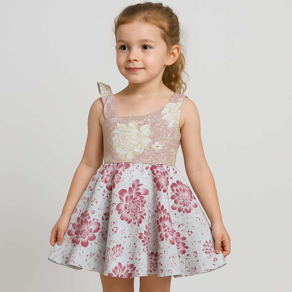 Girls' Asymmetrical Floral Jacquard Dress – Pink & Burgundy Elegance