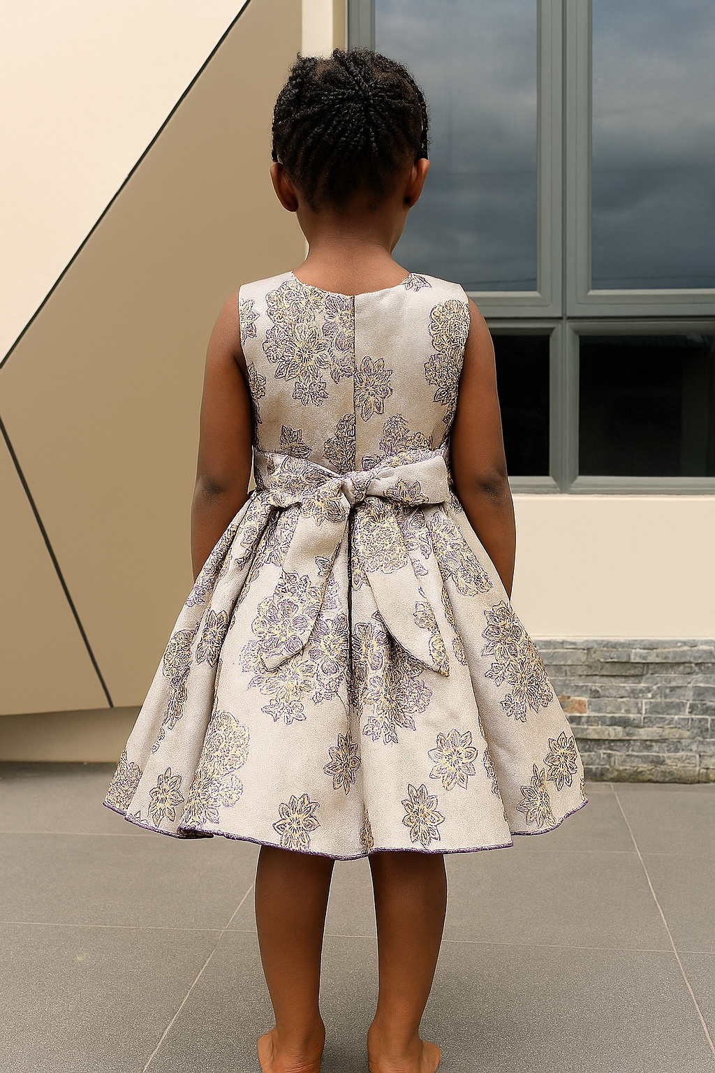 Elegant Lavender Floral Brocade Party Dress – Back Bow Detail