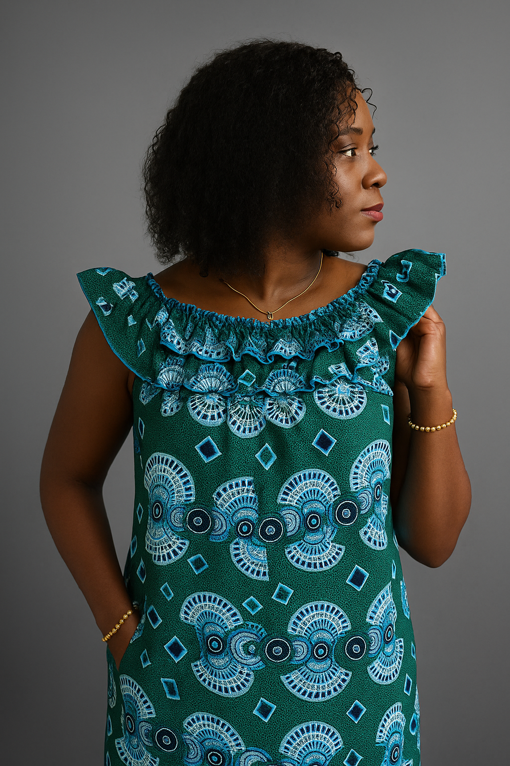 Elegant Green Ankara Off-Shoulder Dress with Ruffle Detail