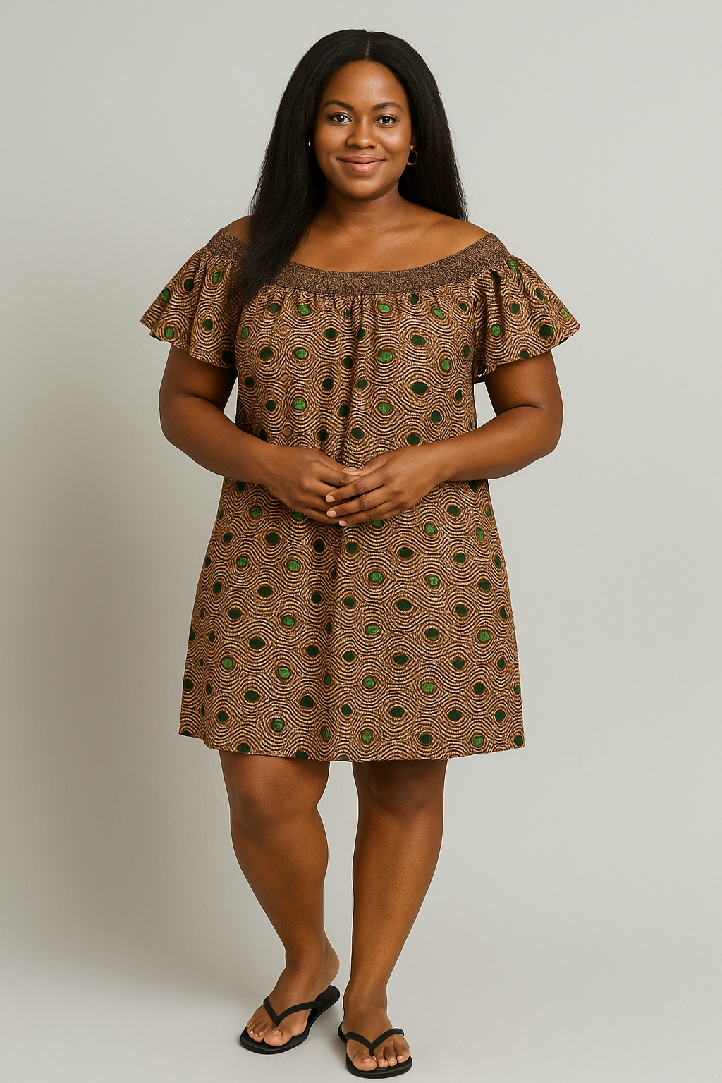 Off-Shoulder African Ankara Mini Dress – Brown & Green Pattern