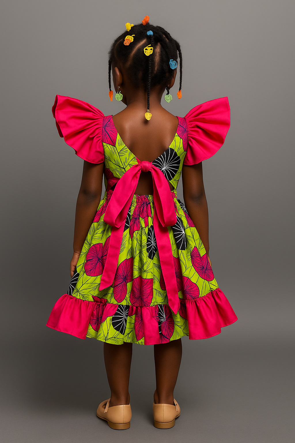 Girls’ Neon Green & Pink Floral Ankara Dress with Back Bow