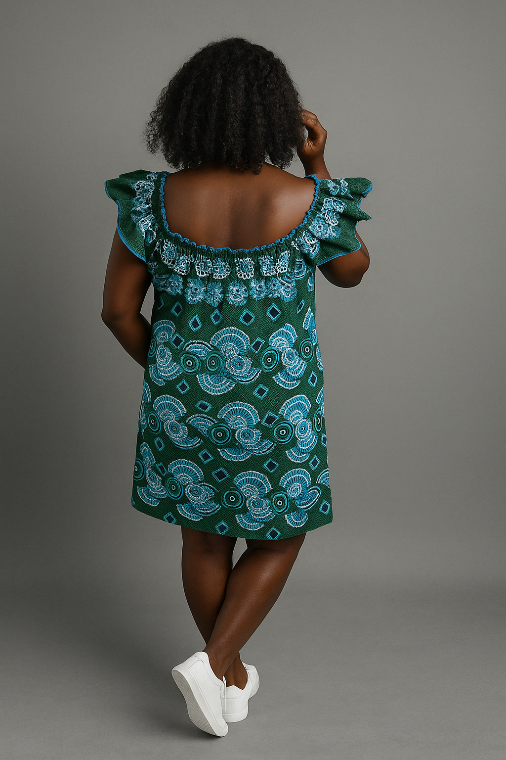 Elegant Green Ankara Off-Shoulder Dress with Ruffle Detail
