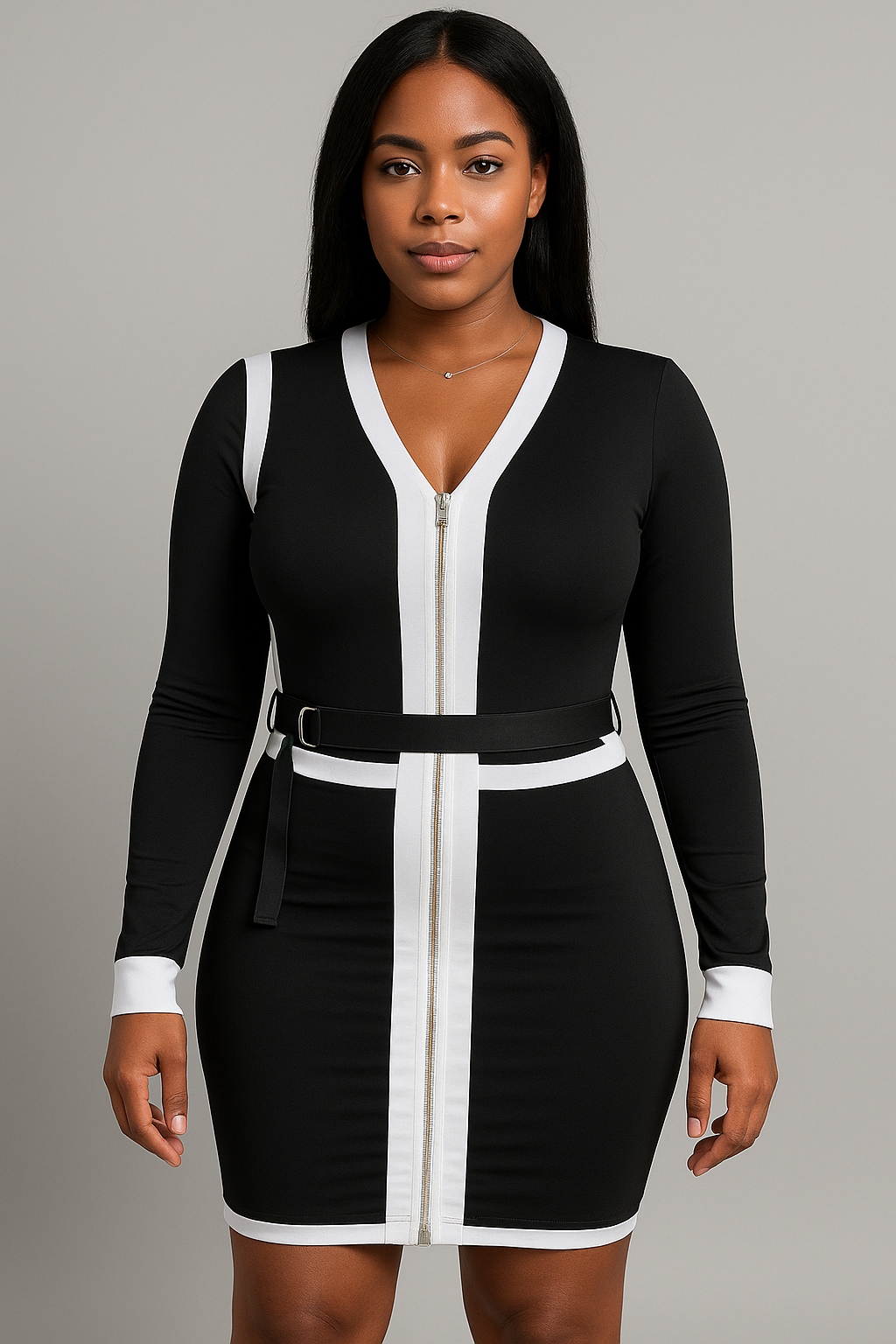 Contrast Bodycon Mini Dress with Zipper and Belt