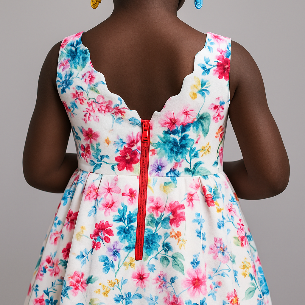 Girls Floral Party Dress with Zig-Zag V-Back and Red Zipper