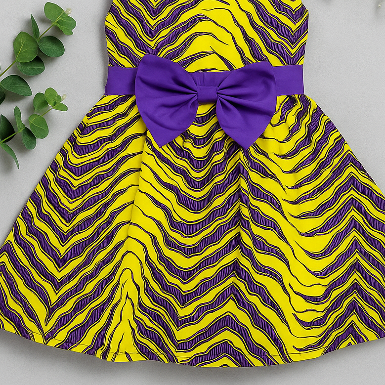 Girls' Puff Sleeve Ankara Party Dress – Yellow & Purple