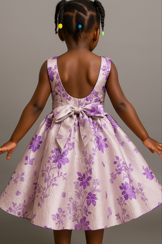 Ivory & Purple Floral Party Dress for Girls – Elegant Fit & Flare