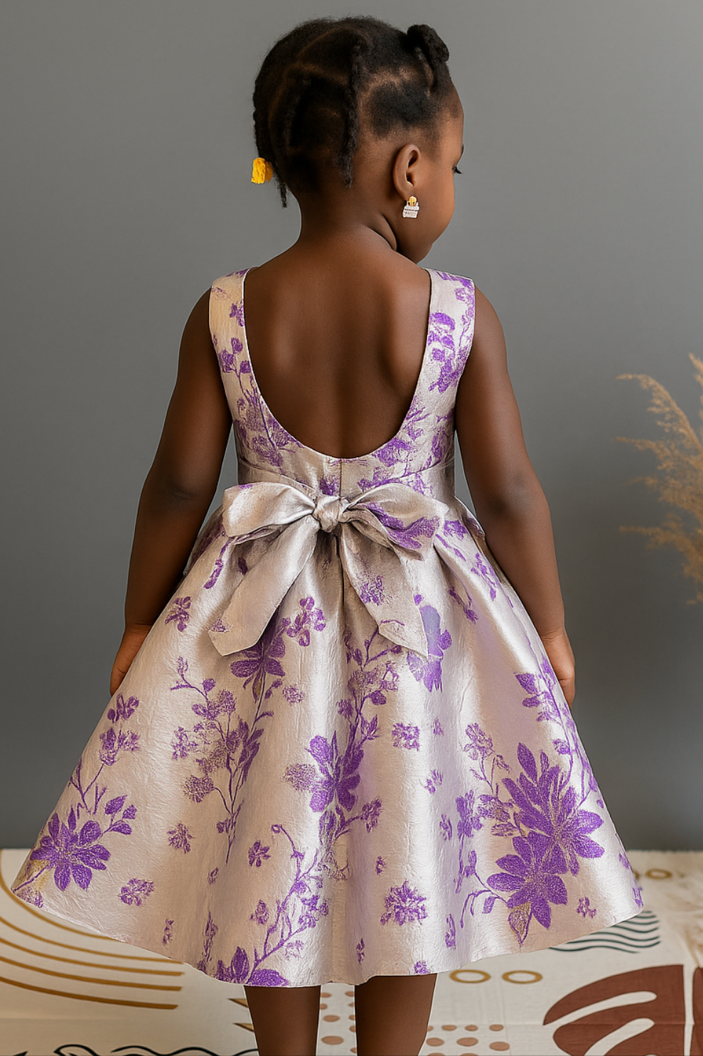 Ivory & Purple Floral Party Dress for Girls – Elegant Fit & Flare