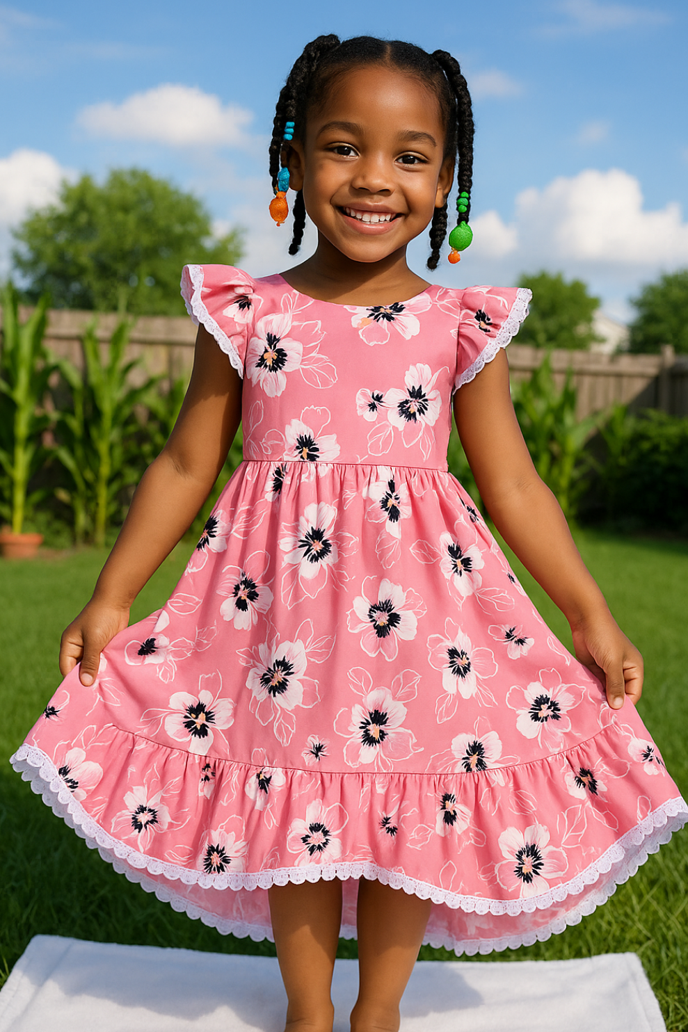 Girls’ Pink Floral Summer Dress with Ruffle Hem
