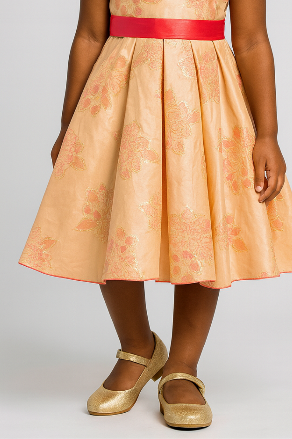 Peach Floral Dress with Red Bow for Girls – Elegant Party Wear