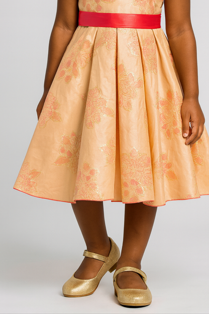 Peach Floral Dress with Red Bow for Girls – Elegant Party Wear