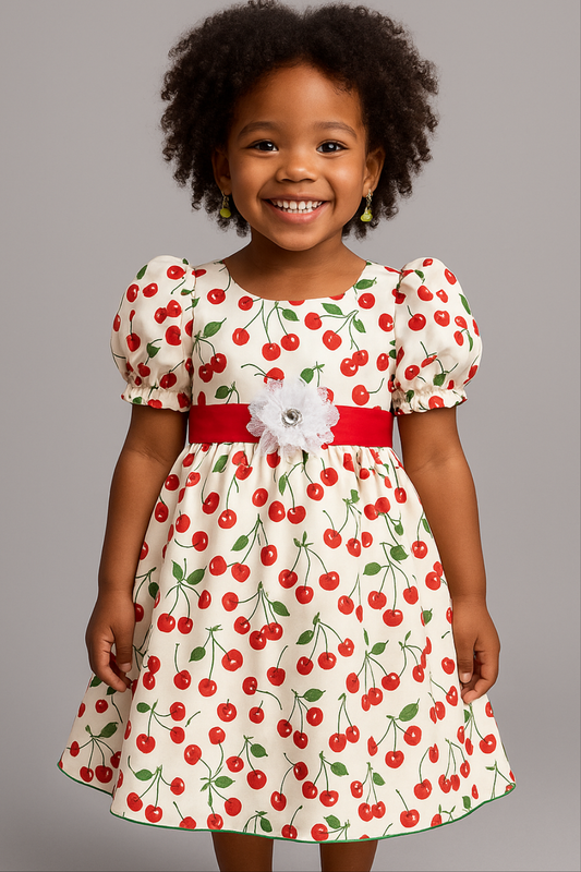 Girls’ White Cherry Print Dress with Red Sash – Puff Sleeve Party Outfit