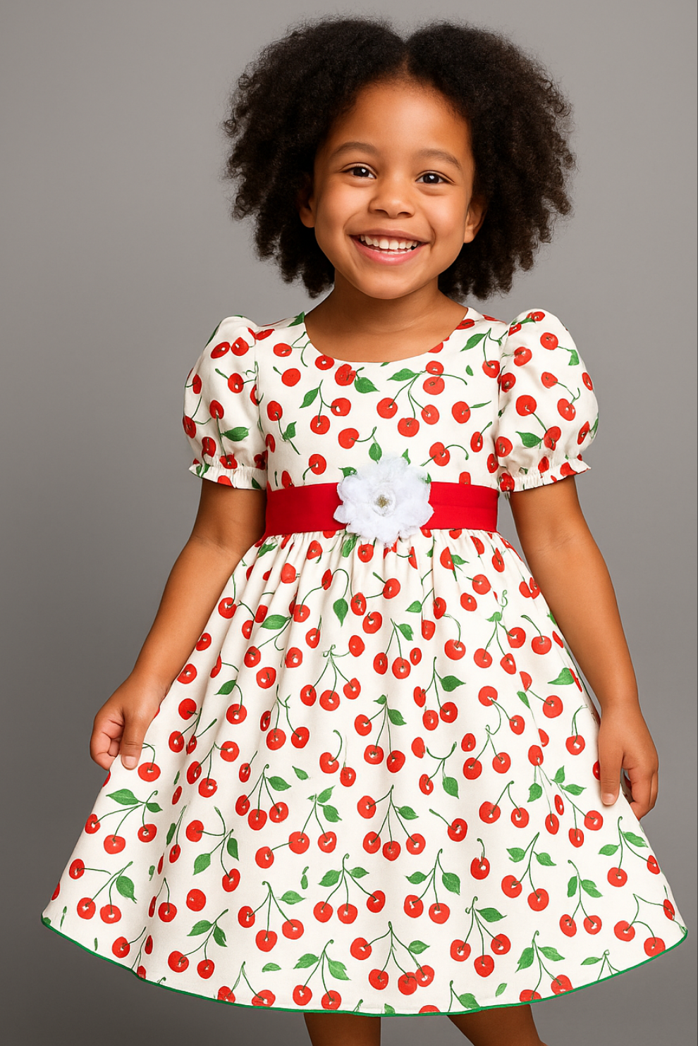 Girls’ White Cherry Print Dress with Red Sash – Puff Sleeve Party Outfit