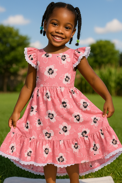 Girls’ Pink Floral Summer Dress with Ruffle Hem