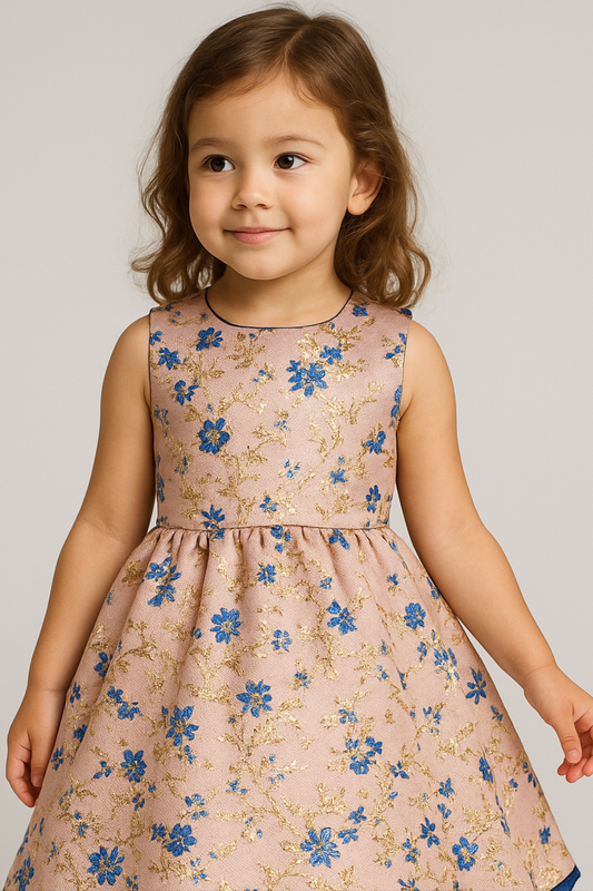 Elegant Pink & Blue Floral Brocade Dress for Girls