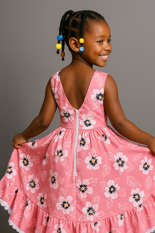 Girls Pink Floral High-Low Party Dress with Lace Trim