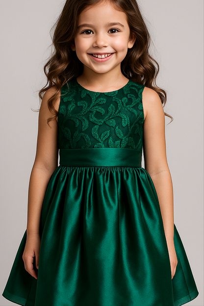 Emerald Green Lace & Satin Bow Back Dress for Girls