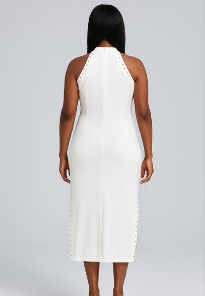 Studded Bodycon Midi Dress – Sleeveless Slit Detail