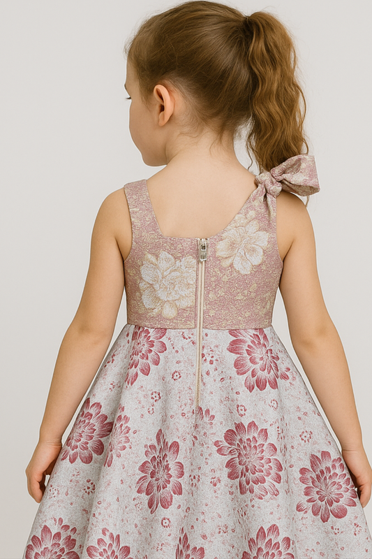 Girls' Asymmetrical Floral Jacquard Dress – Pink & Burgundy Elegance