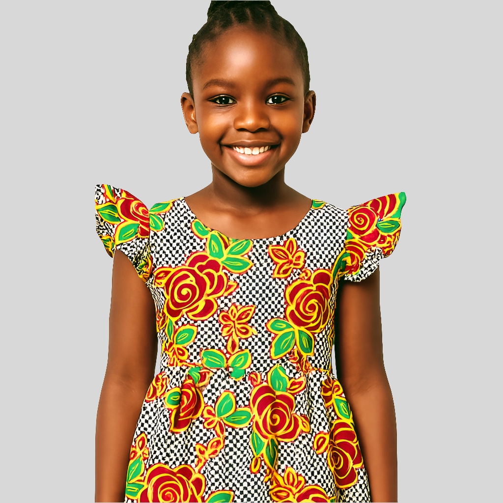 Floral Ankara Ruffle Sleeve Girls Dress – Green Accent