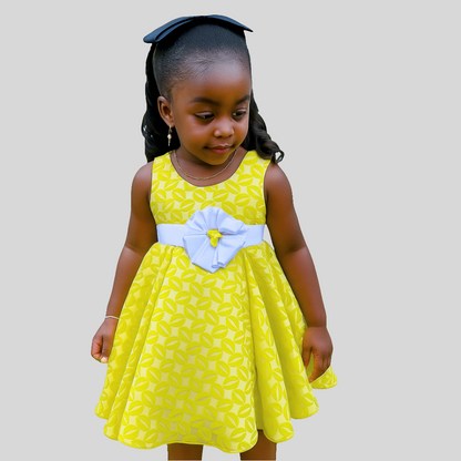 Girls' Yellow Floral Jacquard Dress with White Bow – Sunny Party Style