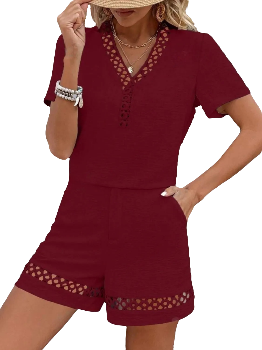V Neck Short Sleeve Top and Shorts Set