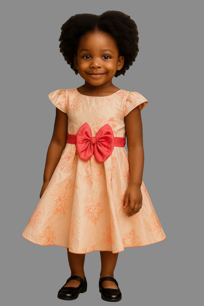 Peach Floral Dress with Red Bow for Girls – Elegant Party Wear