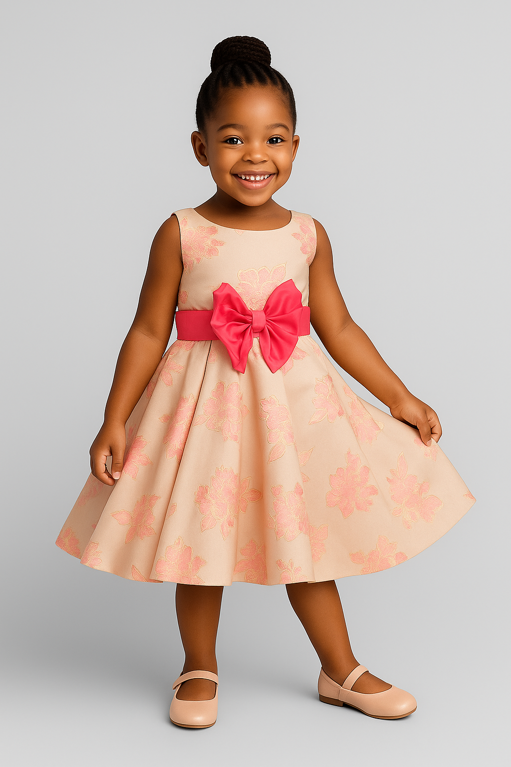 Girls’ Floral Brocade Party Dress with Pink Bow