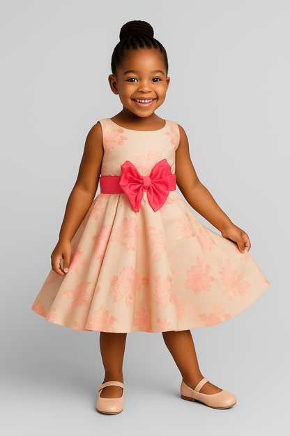 Girls’ Floral Brocade Party Dress with Pink Bow