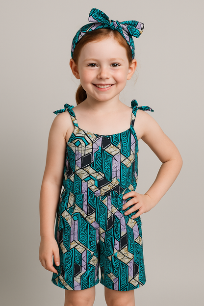 Purple Ankara Floral Romper with Headband – Kids