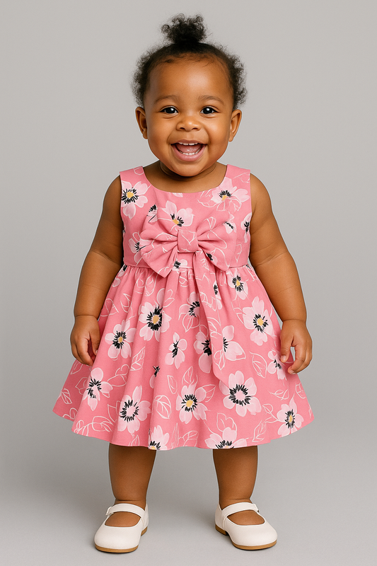 Girls’ Pink Floral Bow Dress – Sleeveless Party & Casual Outfit