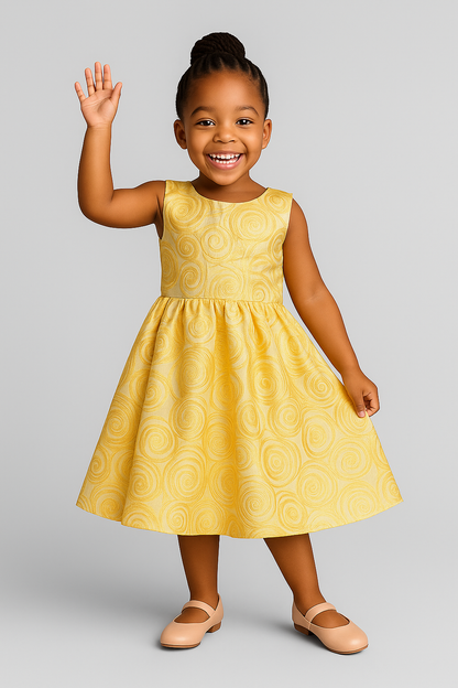 Girls’ Elegant Gold Swirl Party Dress with Bow