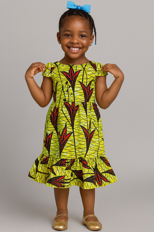 Girls’ Cap Sleeve Ankara Dress with Bow Back – Vibrant Yellow & Red