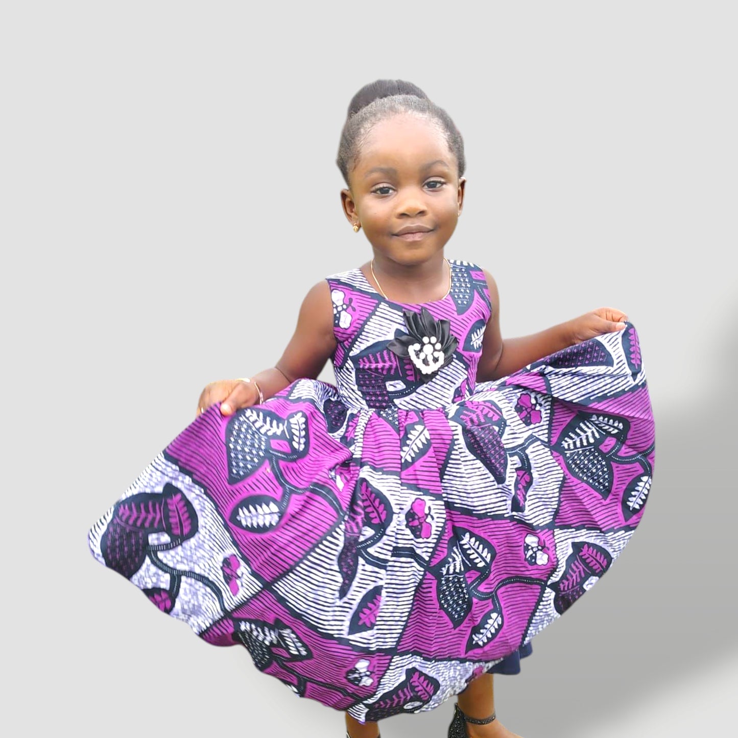 Ankara Purple Flower Girl Dress with Pearl Embellishment | Ecom GMR