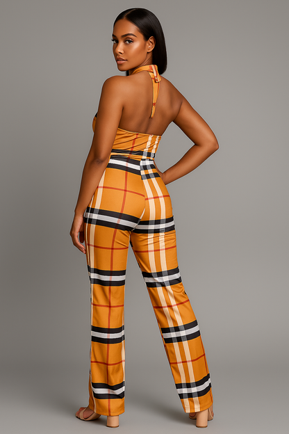 Plaid Halter Neck Two-Piece Set – Mustard & Black