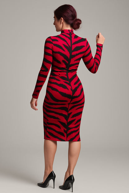 Red & Black Tiger Print Bodycon Midi Dress – Long Sleeve High Neck