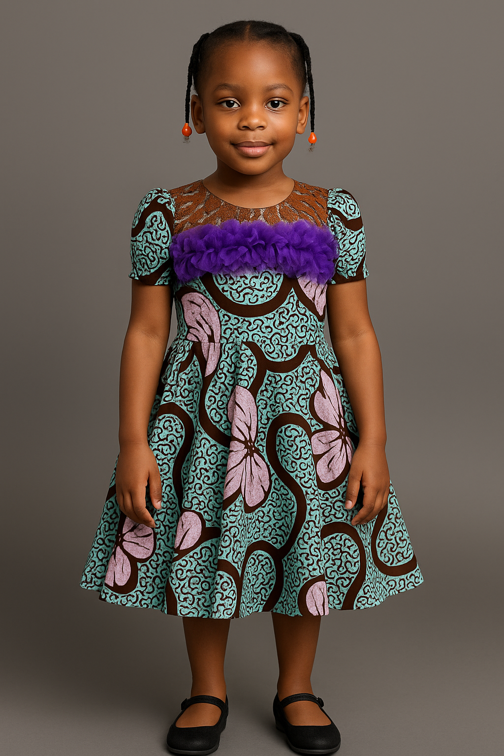 Green and Brown Ankara Print Girl's Dress with Puff Sleeves and Bow Back
