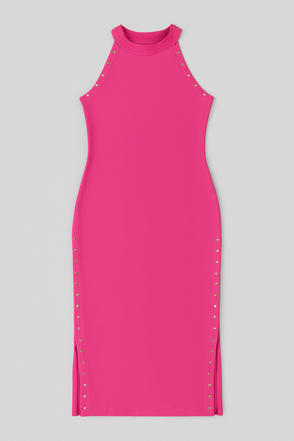 Studded Bodycon Midi Dress – Sleeveless Slit Detail