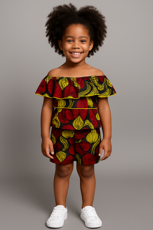 Colorful Ankara Off-Shoulder Top & Short Set with Headband