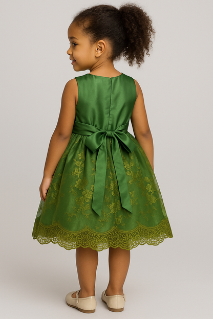 Elegant Green Satin & Lace Party Dress for Girls